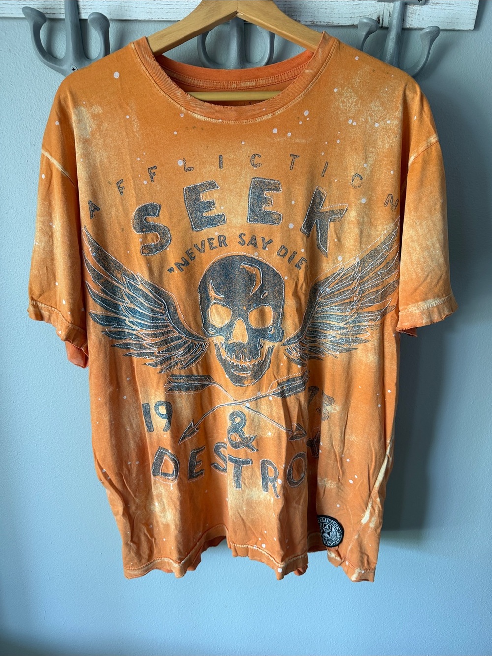 Affliction Orange Graphic 'Seek & Destroy' Skull Tee